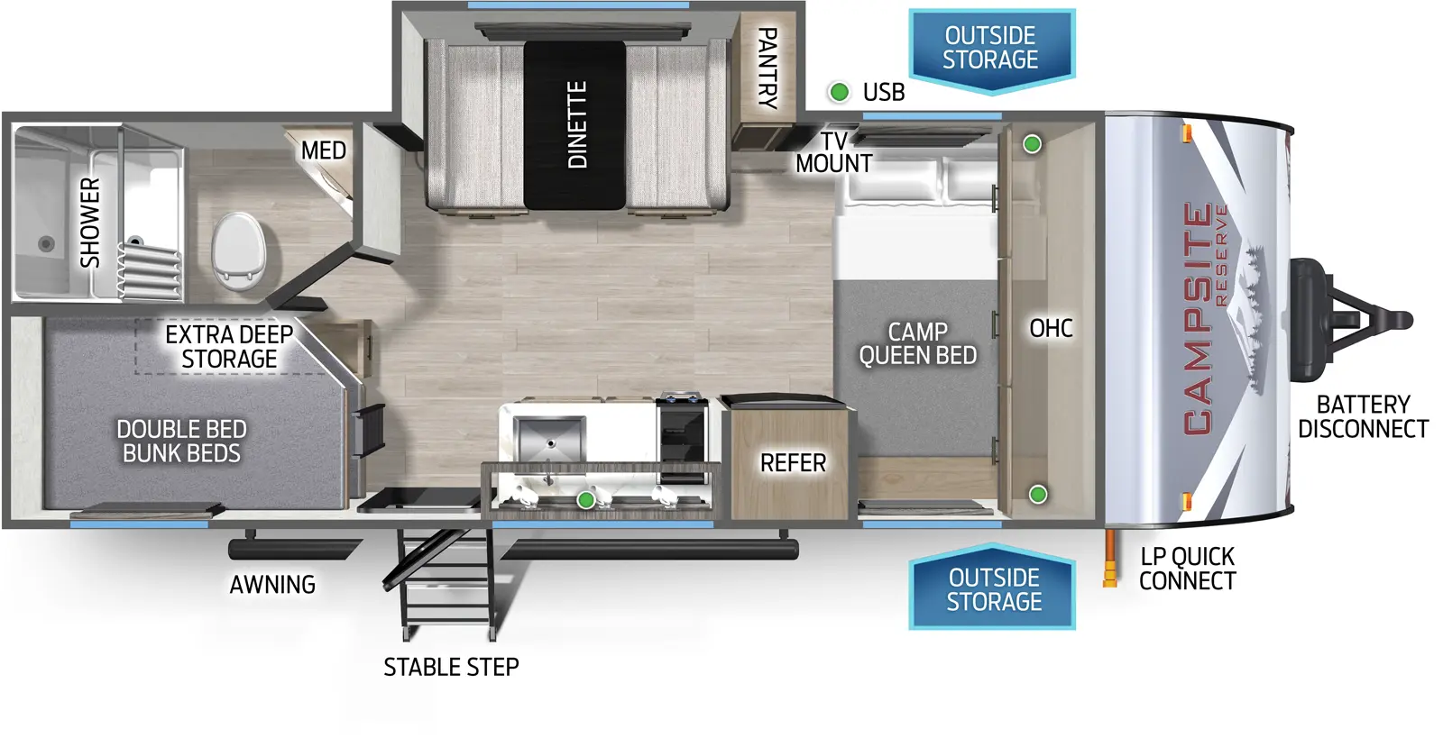 The Campsite Reserve 17LS floorplan has one entry and one slide out. Exterior features include: metal exterior. Interiors features include: bunk beds and front bedroom.